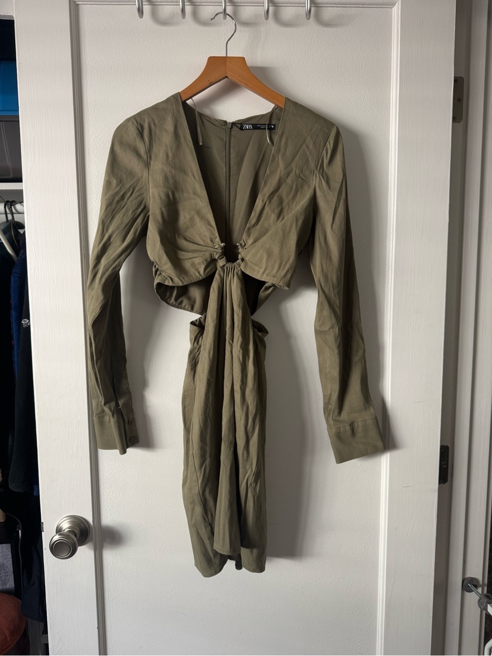 Zara NWT Stretchy Linen Blend Cutout Mini Dress Olive Green
